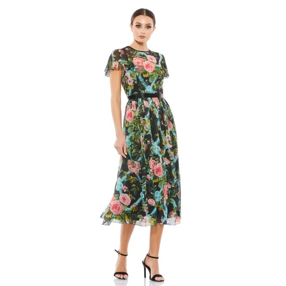 Mac Duggal 9149 NWT FLORAL ILLUSION CAP SLEEVE MIDI DRESS - Picture 1 of 7